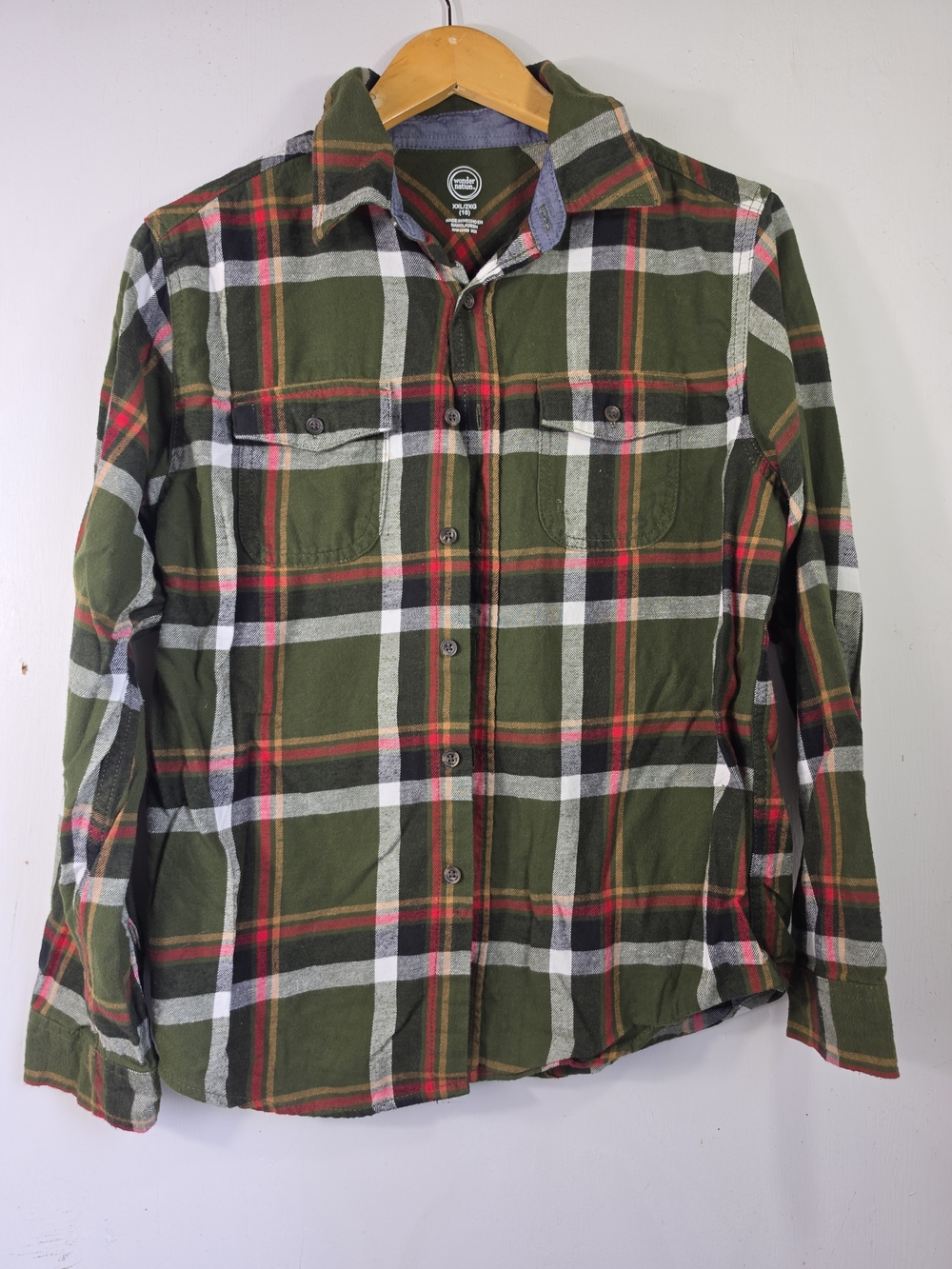 wonder nation Olive & Red Plaid Cotton Button Down Shirt